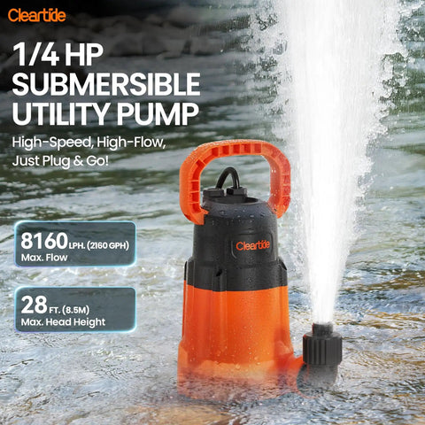 Heavy Duty Submersible Water Pump 8160 LPH with Copper Motor for Pool Draining, Hot Tub, Basement, 28 ft Head, Quick Water Transfer