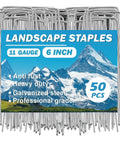 Heavy Duty Garden Stakes 50 Pack 6 Inch 11 Gauge Landscape Staples with anti-rust galvanized steel and mountain background