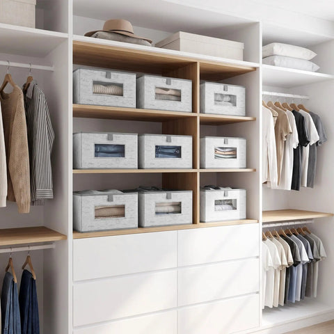 Top Shelf Fabric Storage Bins With Clear Mesh Windows And Tough Pull Handles Level Up Your Closet Game In Clean Grey Four Pack on shelves.