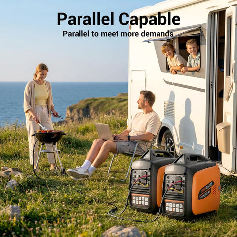 Camping scene with family and Beefy 2800 Watt Portable Inverter Generator For Home And Camping Use Gas Powered Quiet Emergency Backup outdoors.