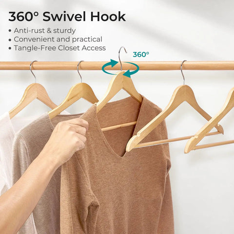 Ten Pack Heavy Duty Solid Birch Wood Coat Hangers With 360 Degree Swivel Hooks And Pant Bar For Jackets Dresses Shirts
