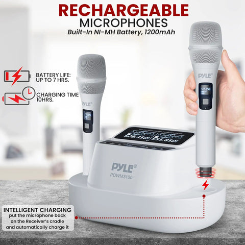 UHF Wireless Microphone System With Bluetooth Receiver, dual rechargeable mics and charging station, 1200mAh batteries for karaoke.