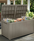 Massive 220 Gallon Outdoor Storage Deck Box With Divider Waterproof Lockable Resin Built Wood Look Brown open with pillows