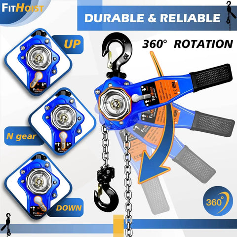 Beefy Heavy Duty Lever Chain Hoist 1650 Lbs Capacity, 10 Ft Chain Puller, rotational feature, control lever, and hooks visible