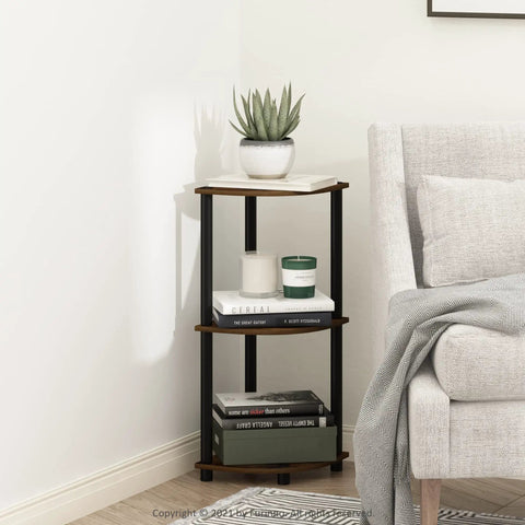 Solid Three Tier Corner Bookshelf For Living Room And Small Apartment Space Saving Setup With Open Display Tiers in amber pine finish.