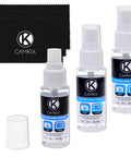 CamKix camera lens and screen cleaning kit with three 30 ml spray bottles and three microfiber cloths