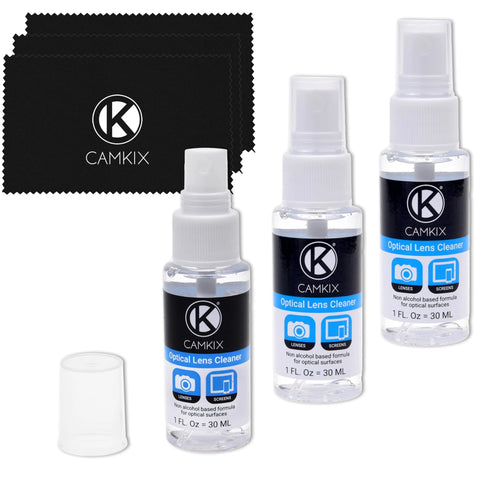 CamKix camera lens and screen cleaning kit with three 30 ml spray bottles and three microfiber cloths