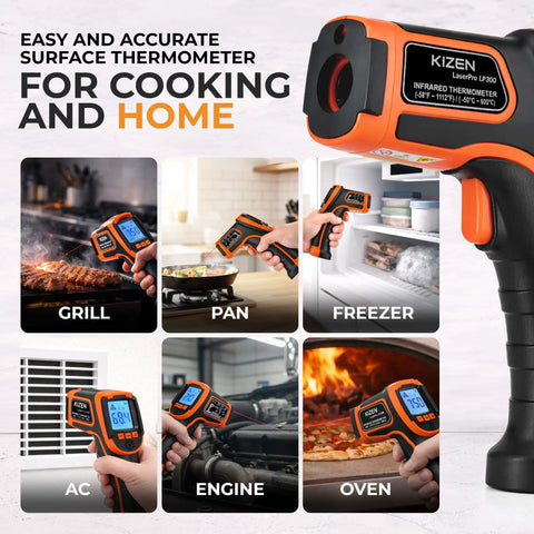 Infrared Temperature Gun For Cooking And Home Use Non Contact Surface Thermometer For Griddle Grill Pizza Oven Candy And AC Laser Temp Gun With 58F To 1112F Range used on different surfaces.