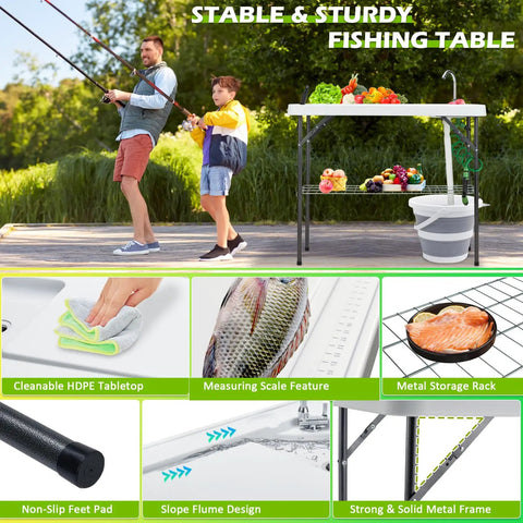 Folding Fish Cleaning Table With Collapsible Bucket And Faucet For Outdoor Camping Fillet Station Portable Sink Table With Drain Hose Sprayer Grid Rack Knife Groove For Picnic And Fishing, featuring HDPE top and metal frame