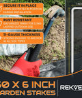 Heavy Duty Woven Geotextile Ground Stabilizer For Driveways Gravel Bases And Patios Landscaping Fabric And Underlayment Weed Barrier With 50 Staples 50 X 12.5 Ft Pro Grade Soil Separation And Erosion Control, shown with 6-inch garden stakes being hammered into ground
