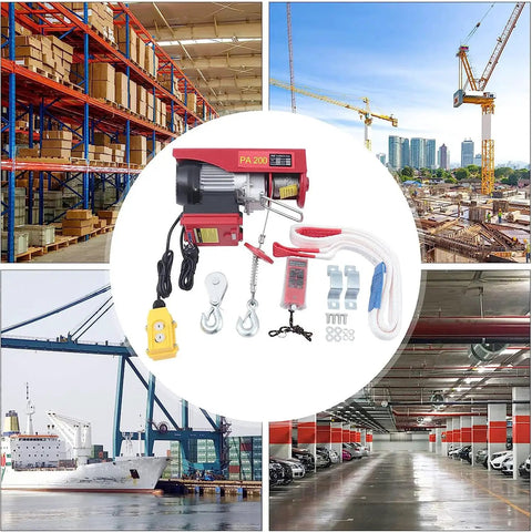 Pro Electric Overhead Lifting Hoist With Wireless Remote Solid 200Kg Garage Ceiling Crane Winch in a warehouse setting.