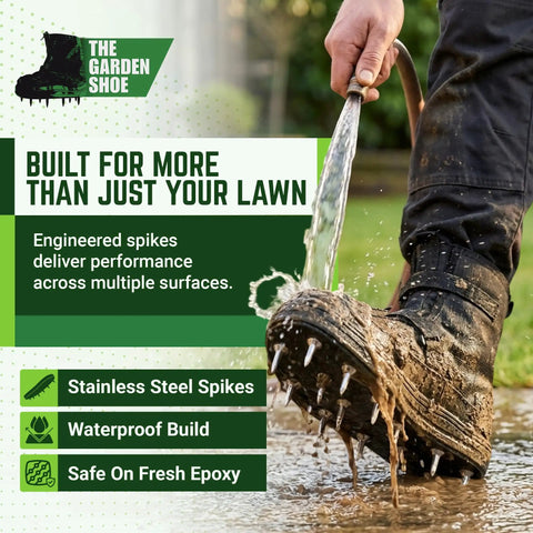 Spiked Lawn Aerator Shoes Adjustable For Grass And Garden Yard Care With Heavy Duty Stainless Steel Spikes That Walk With You To Loosen Soil And Improve Water Oxygen And Nutrients Size 14 No Bulky Equipment, shown with water pouring over for waterproof test.