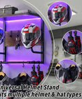 Badass Motorcycle Helmet Rack Wall Mount Featuring Remote Controlled RGB Ambient Light Strip For Grease Monkey Gear Storage With Solid Wood And Steel Build System with two helmets.