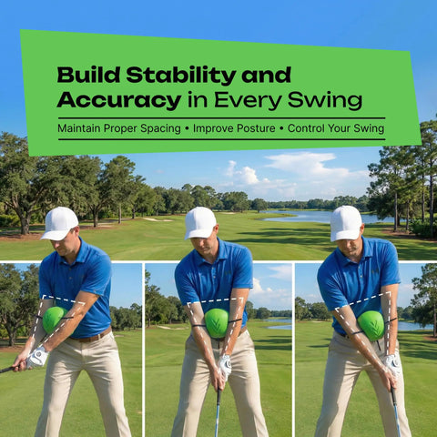 Man using Golf Training Aid Ball Between Arms For Posture Fix And Alignment to improve swing mechanics on golf course.