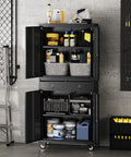 Beefy Heavy Duty Metal Garage Storage Cabinet On Wheels With Locking Doors, Two Drawers, Three Adjustable Shelves loaded with tools