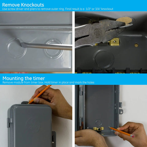 Heavy Duty Digital Pool Timer Switch installation process, showing knockouts removal and timer mounting steps with weatherproof metal housing.