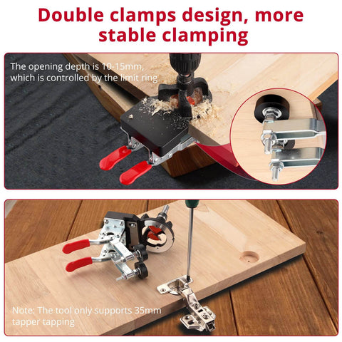 Durable 35mm Concealed Hinge Jig for Cabinets and Wood Furniture, Aluminum Alloy Precision Tool With Double Clip for Extra Stability shown in use with a drill for cabinet installation.