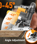 6 Inch Brushless Cordless Circular Saw Compatible With DeWalt 20V Max Battery displays 0-45° bevel capacity and angle adjustment features.