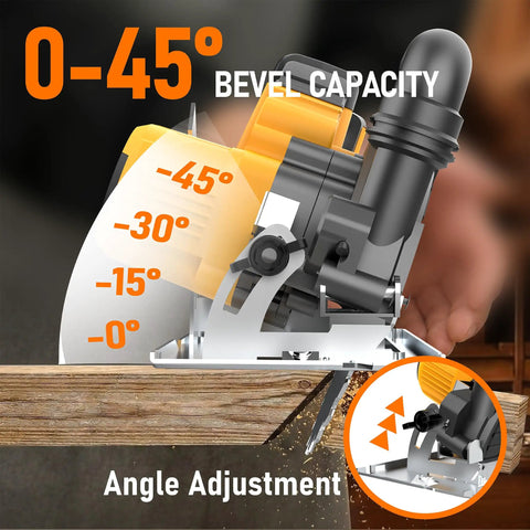 6 Inch Brushless Cordless Circular Saw Compatible With DeWalt 20V Max Battery displays 0-45° bevel capacity and angle adjustment features.