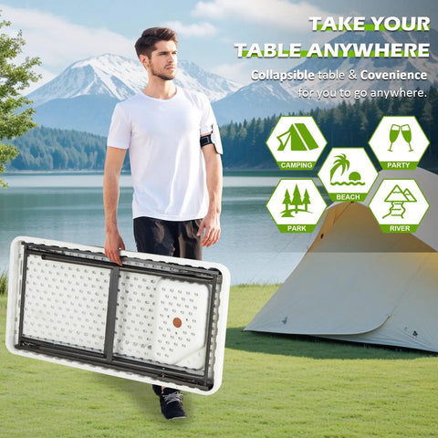 Man carrying Folding Fish Cleaning Table With Collapsible Bucket And Faucet For Outdoor Camping near tent and mountains