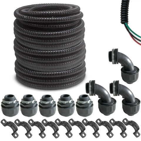 Half Inch Diameter Flexible Liquid Tight PVC Electrical Conduit Kit All In One With 100 Feet Of Black Conduit Includes Five Couplings Five Elbows And Ten Straps for indoor outdoor wiring