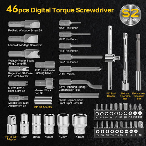Pro Grade Digital Torque Screwdriver Kit with 46 S2 steel bits, adapters, and extensions for bike repair, electronics, scope mounting.