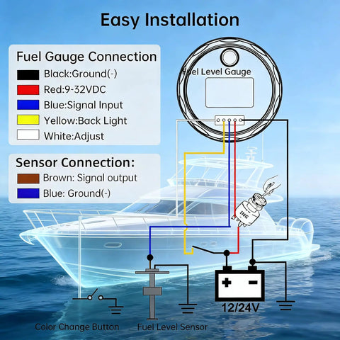 Wiring diagram for Heavy Duty 6 Inch Fuel Sending Unit With Plug And Play Gauge Kit 240 To 33 Ohms on a yacht.