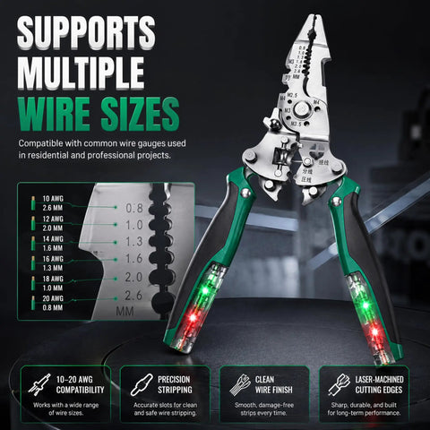 Close-up view of Heavy Duty 16 In 1 Foldable Wire Stripper with integrated voltage tester, showcasing multiple wire size compatibility.