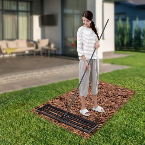 Person using Long-Handled Lawn Leveling Rake With Adjustable 0-180 Degree Angles, Stainless Steel Base Plate Measuring 35.83 by 9.84 Inches