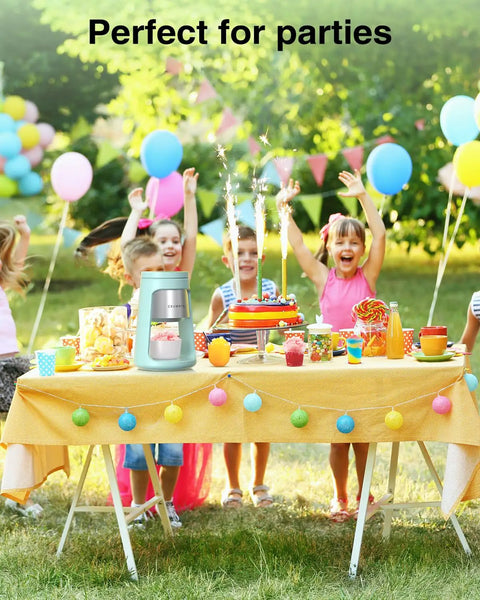 Cool Blue 130W Electric Shaved Ice Machine And Snow Cone Maker Featuring Smart Overheat Protection And A Fast Ice Shaver With Two Bonus Ice Cups That Hit Different For Real Summer Vibes at a festive outdoor party table
