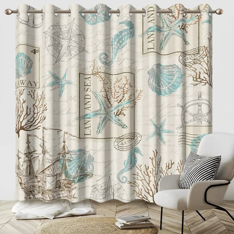 Nautical Theme Window Curtains Two Panels 42x63 Inches Each Blackout Insulating Drapes with coastal motifs like sailboats and starfish