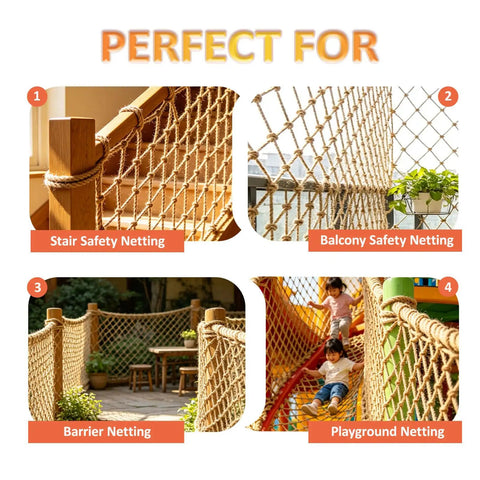 Heavy Duty Natural Jute Hemp Rope Net For Balcony And Stair Rails, featuring stair safety, balcony safety, barrier, and playground uses.