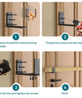 Heavy Duty Adjustable Door Barricade Brackets Forged From Solid Steel installation steps on a wooden door.