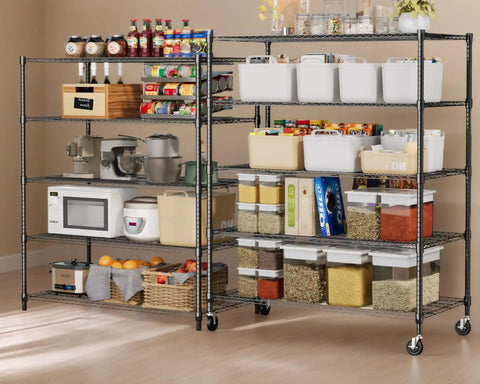 Five Tier Wire Shelving With Wheels Heavy Duty Height Adjustable Metal Storage Rack Commercial Grade Steel Utility Shelf 24x48x82 in kitchen with jars and bins.