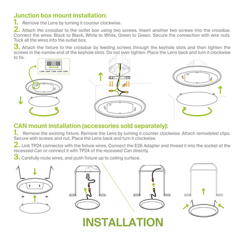 Installation instructions for 12 Pack 4 Inch LED Disk Lights Dimmable Flush Mount And Surface Mount Ceiling Fixtures 2700K To 5000K 5CCT 685 Lumens Low Profile Recessed Can Or Junction Box Install UL Energy Star
