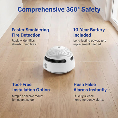 Set It And Forget It Peace Of Mind With This 10 Year Photoelectric Smoke Detector on wooden floor, showcasing 360° fire protection features.