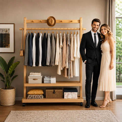 Heavy Duty Bamboo Rolling Clothing Rack With Wheels And Storage Shelves Hella Sturdy Garment Stand Featuring Five Durable Hooks For Versatile Decor with garments and couple in stylish attire.