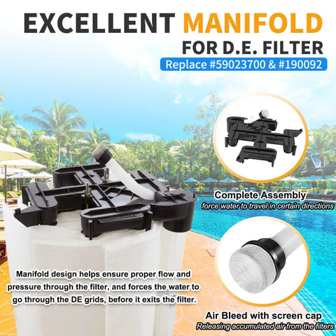 Heavy Duty Manifold Top Assembly Featuring Air Bleed Valve Replacement For Fns Plus De Pool Filter And Spa Systems Complete assembly view with air bleed screen cap.