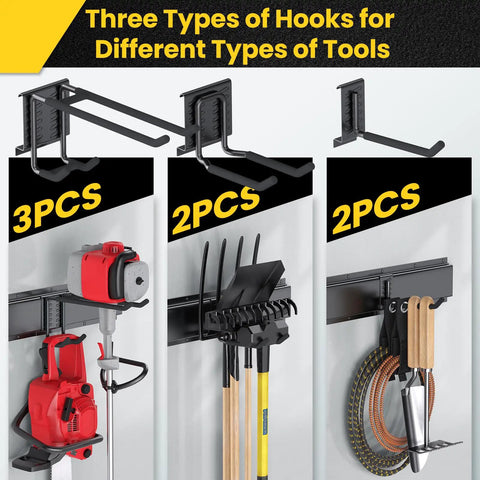 Rock Solid 48 Inch Wall Mount Tool Storage Rack Featuring Adjustable Rails And Beefy Double Layer Hooks for hanging various tools.