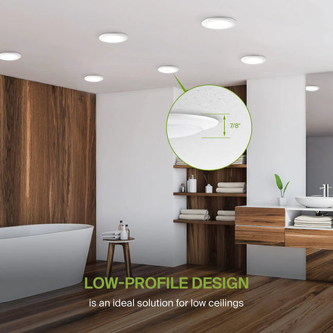 Modern bathroom with 12 Pack 4 Inch LED Disk Lights Dimmable Flush Mount And Surface Mount Ceiling Fixtures 2700K To 5000K 5CCT 685 Lumens
