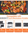 Assorted grilled foods on Blackstone griddle with icons showing compatibility for 17-36 inch griddles, emphasizing versatile use.