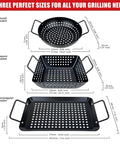 Small Nonstick 3 Piece Grill Basket Set showing round, square, and rectangular perforated heavy duty grill pans with handles.