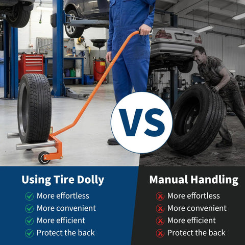Rock Solid Heavy Duty Tire Dolly Featuring Adjustable Steel Construction And Smooth Rollin Motion Engineered To Move Car Truck And Suv Tires Without Breaking A Sweat in use vs manual handling.