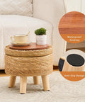 Handwoven Natural Seagrass Storage Ottoman Poufs Round Footrest Stool With 4 Wood Legs Comfy Padded Outdoor Seat Cozy Hidden Storage