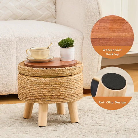 Handwoven Natural Seagrass Storage Ottoman Poufs Round Footrest Stool With 4 Wood Legs Comfy Padded Outdoor Seat Cozy Hidden Storage