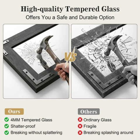 Comparison of high-quality tempered glass vs ordinary glass for Top Tier Farmhouse Bathroom Mirror With Classic Barn Door Silhouette And Heavy Duty Black Metal Frame.