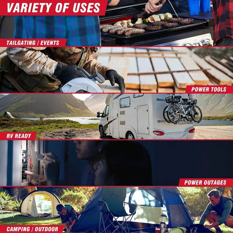 Variety of uses including tailgating, RV ready, power tools, outages, camping with Portable Inverter Generator 2300W for outdoors.
