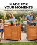 Family using Outdoor Garden Wood Storage Cabinet With Waterproof Tool Shed, Potting Benches And Workstation Table In Natural Finish.