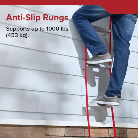 Anti-slip rungs on the Emergency Home Fire Escape Ladder Rope 3 Story Extendable To 25 Feet with person climbing