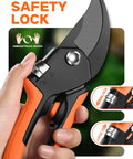 Hand holding Eight Point Five Inch Stepless Handle Pruning Shears Bypass Garden Clipper for heavy duty plant pruning with safety lock